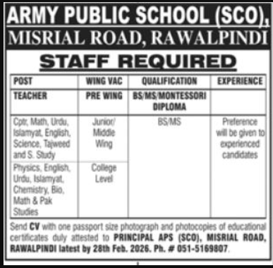Army Public School APS Apply Jobs 2026