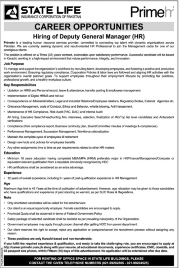 State Life Insurance Corporation Of Pakistan Apply Jobs 2026