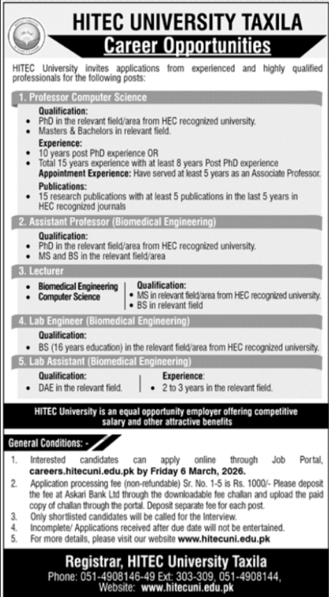 HiTec University Taxila Jobs 2026
