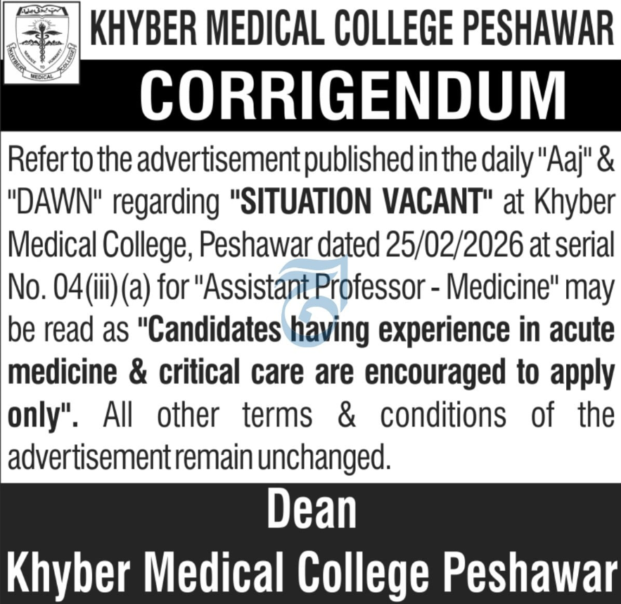 Khyber Medical College Peshawar Apply Jobs 2026