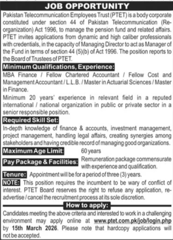 Pakistan Telecommunication Employees Trust PTET Apply Jobs 2026