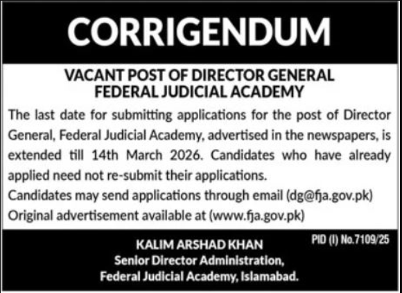 Federal Judicial Academy FJA Islamabad Jobs 2026