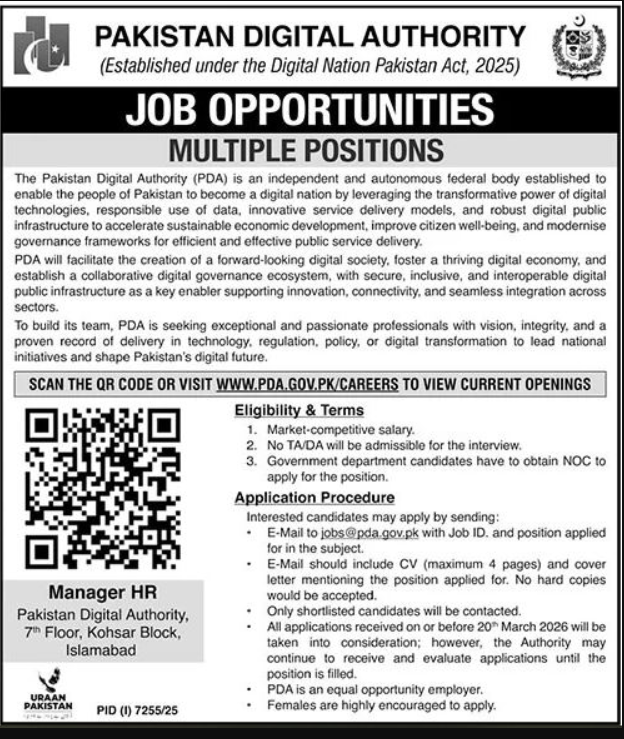 Pakistan Digital Authority PDA Apply Jobs 2026
