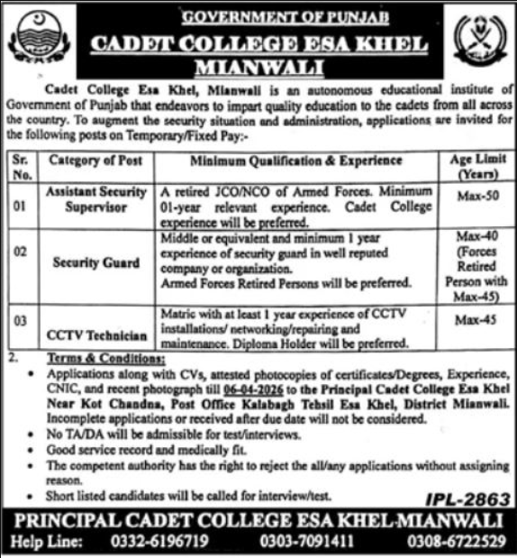 Cadet College Esa Khel Mianwali Jobs 2026